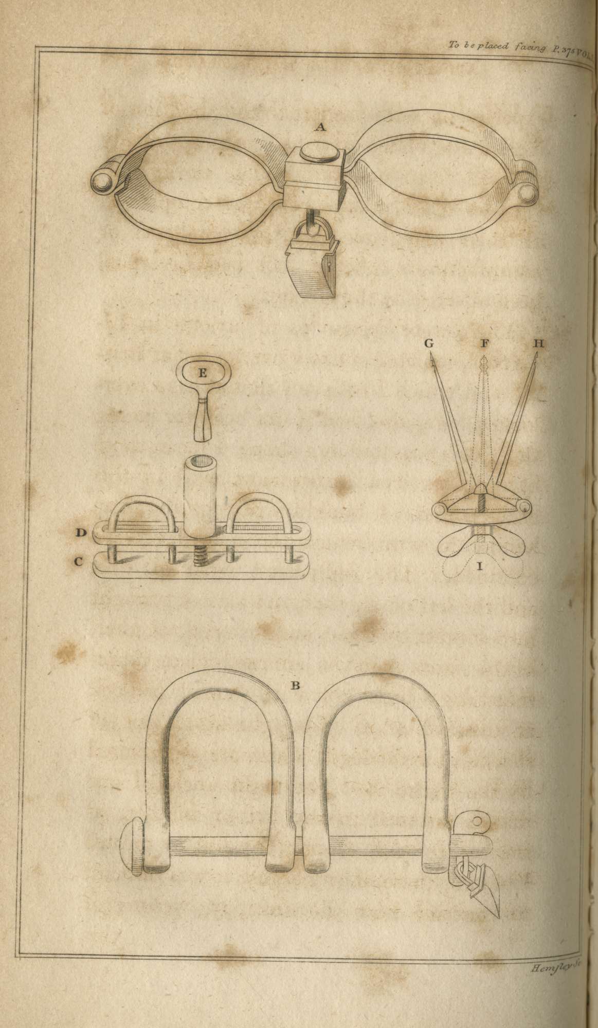 Thomas Clarkson’s 1808 engraving showing handcuffs, leg shackles, a thumbscrew and a mouth opener associated with slave ships.