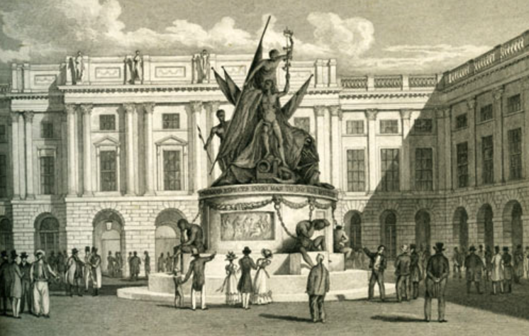 Early nineteenth-century view of Exchange Flags in Liverpool, with the Nelson Monument standing prominently in the middle of the square.