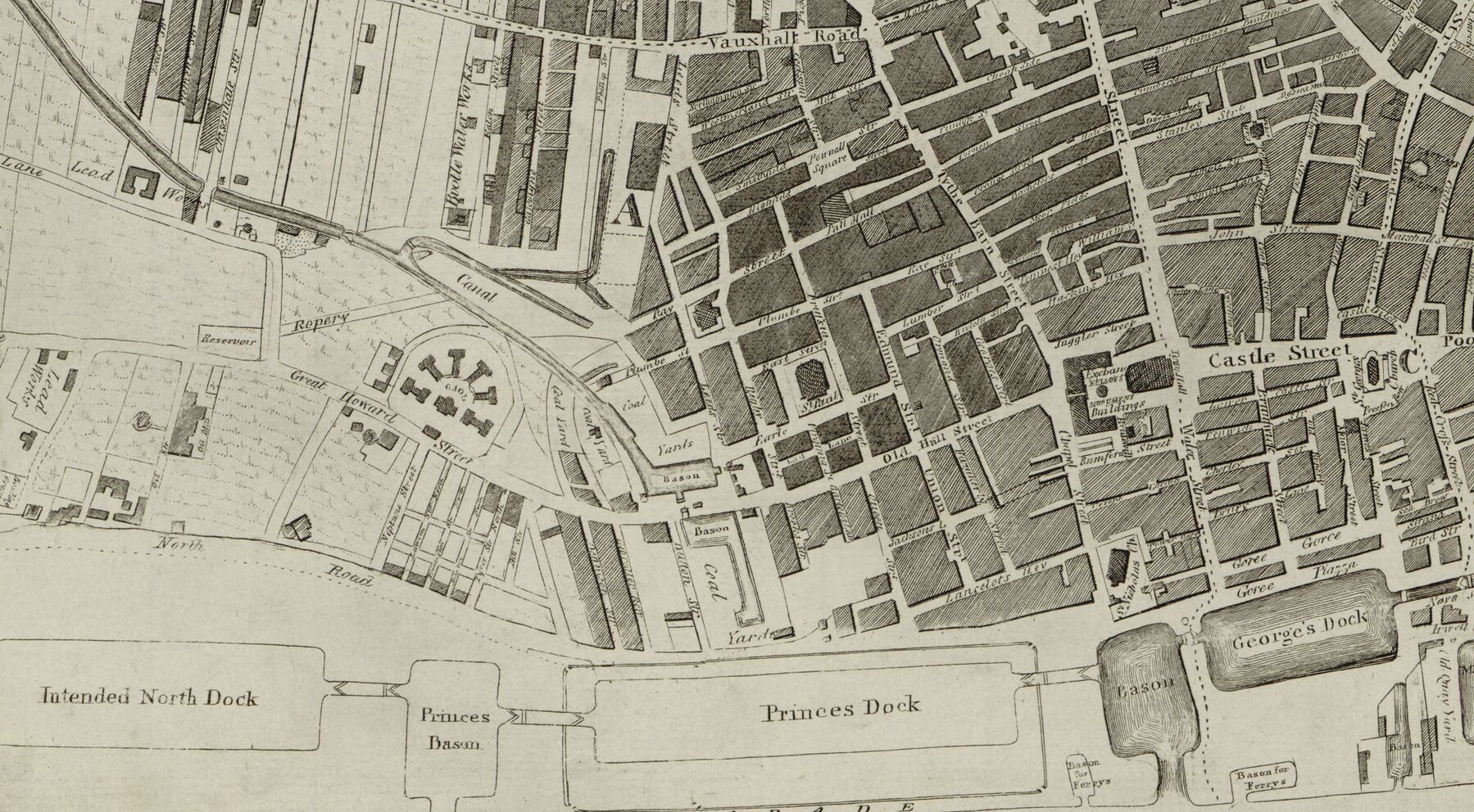 Detail from an 1817 plan of Liverpool showing Great Howard Street and the radial layout of the Borough Gaol near the northern docks.