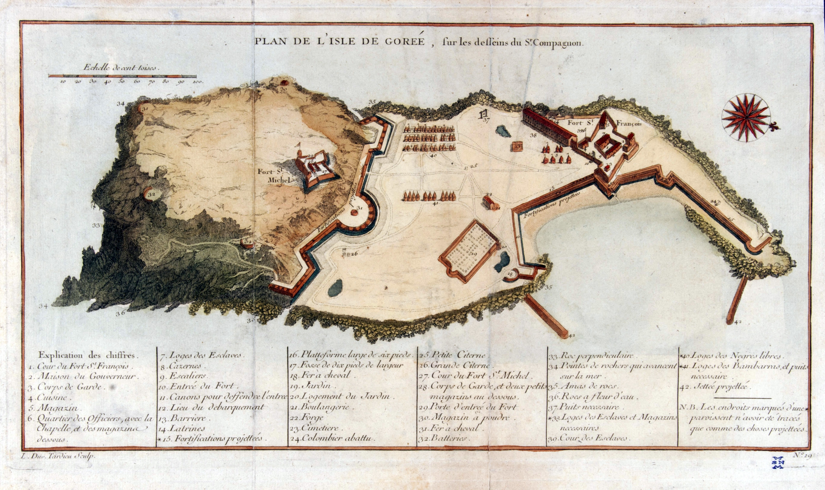 An engraved 1746 plan of Gorée Island off the coast of Senegal, showing the island, shoreline and fortifications.