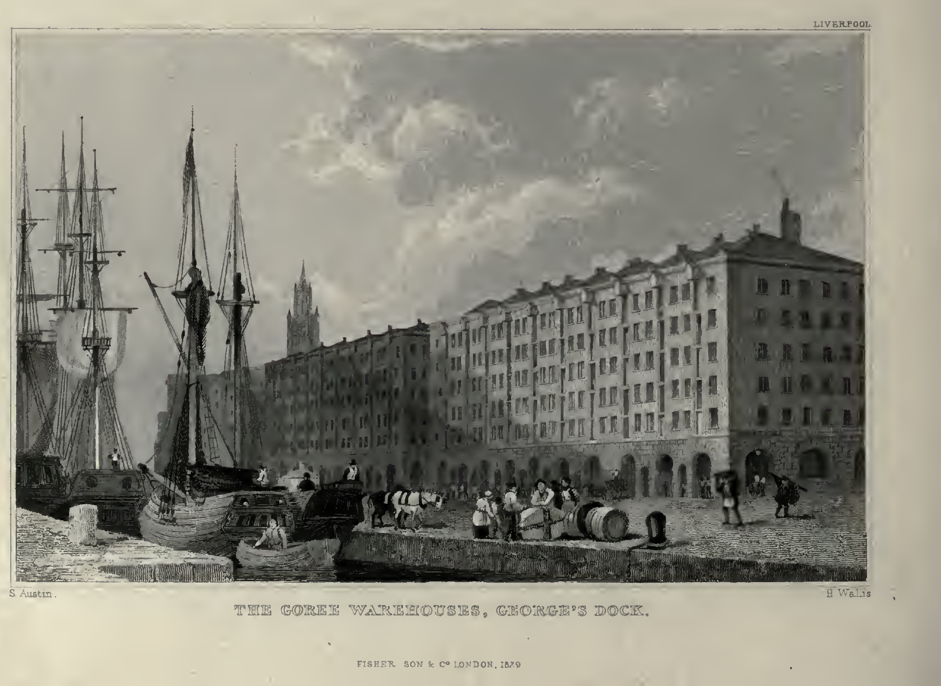Nineteenth-century engraving of the Goree Warehouses beside George’s Dock in Liverpool, showing the long warehouse range and arched ground-floor piazzas.