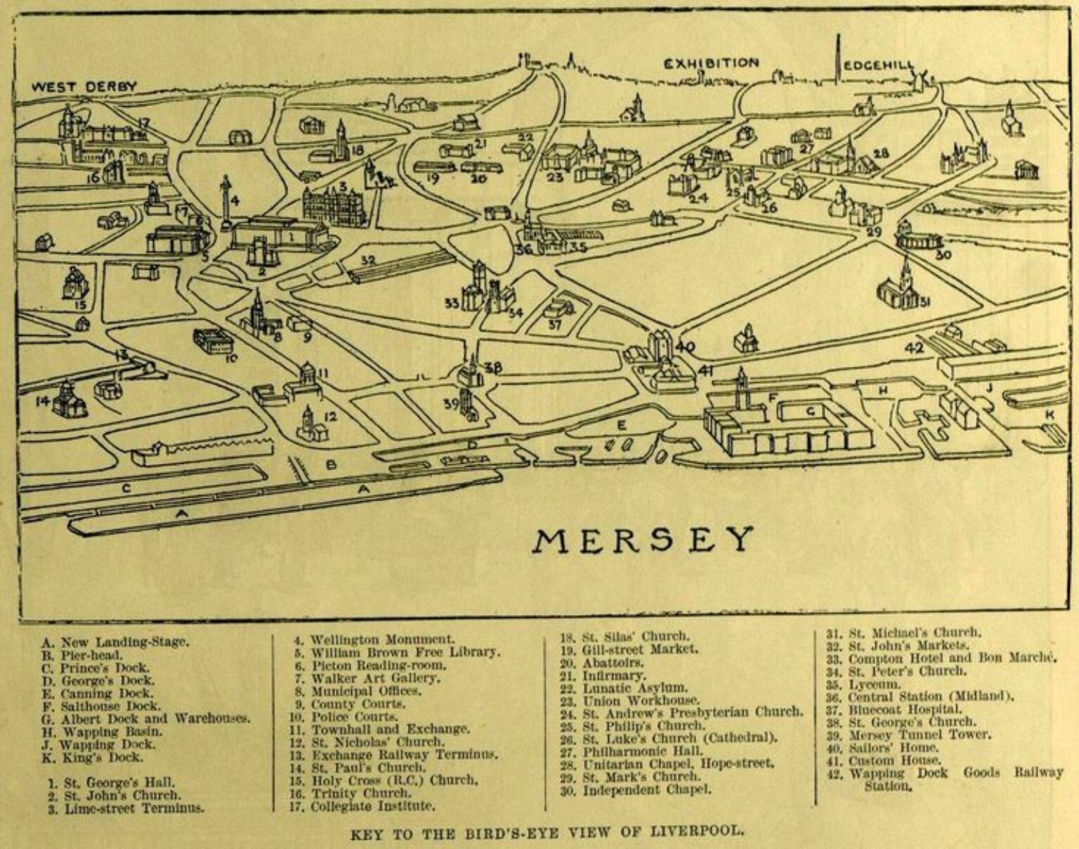 Historical bird’s-eye map of Liverpool showing Lime-street Terminus, St George’s Hall and Edgehill.