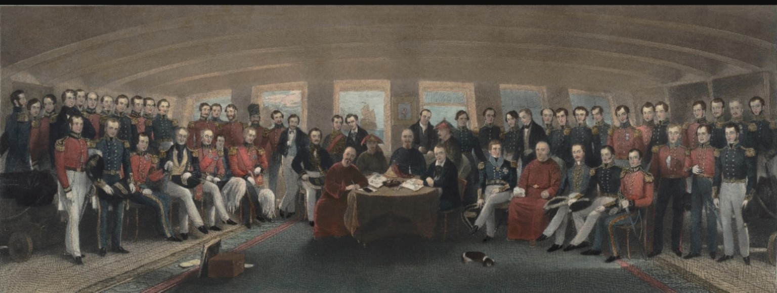 Nineteenth-century artwork showing British and Qing representatives signing the Treaty of Nanking aboard HMS Cornwallis in 1842.